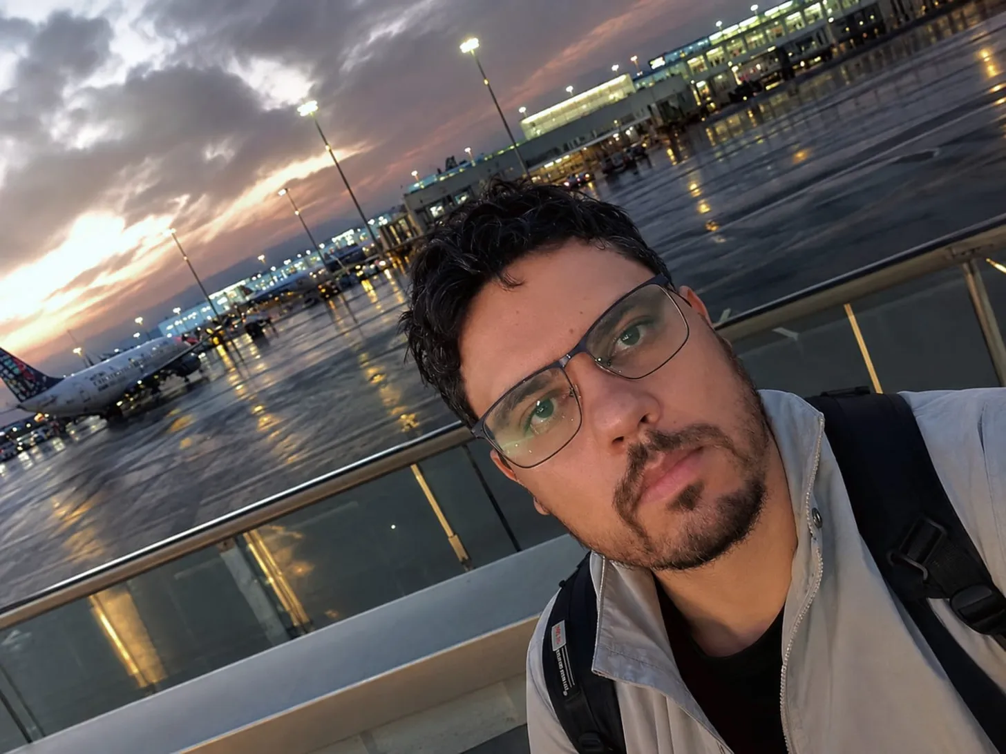 Guilherme Rocha em uma área de embarque ao entardecer