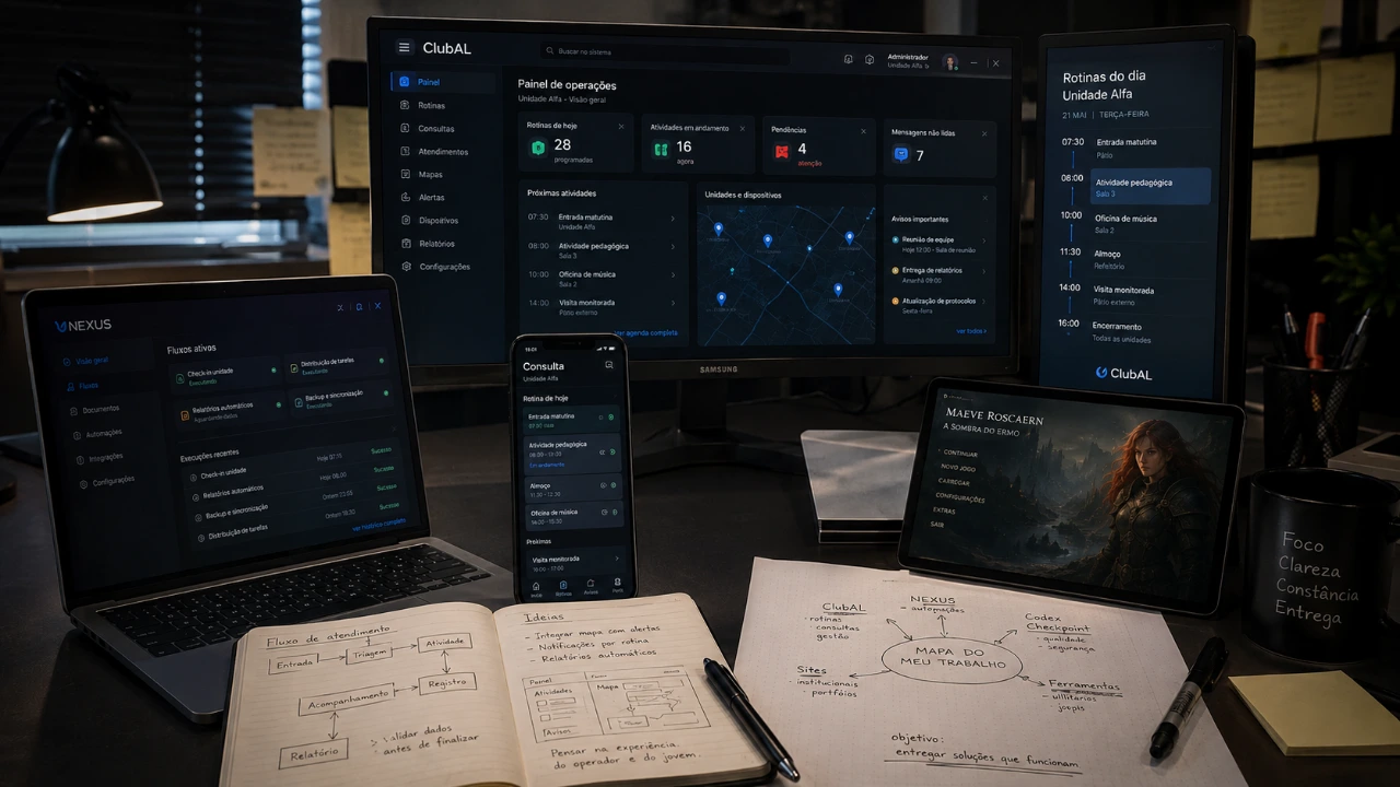 Composição visual de uma mesa de trabalho com telas do ClubAL, NEXUS e Maeve Roscaern, além de anotações de produto