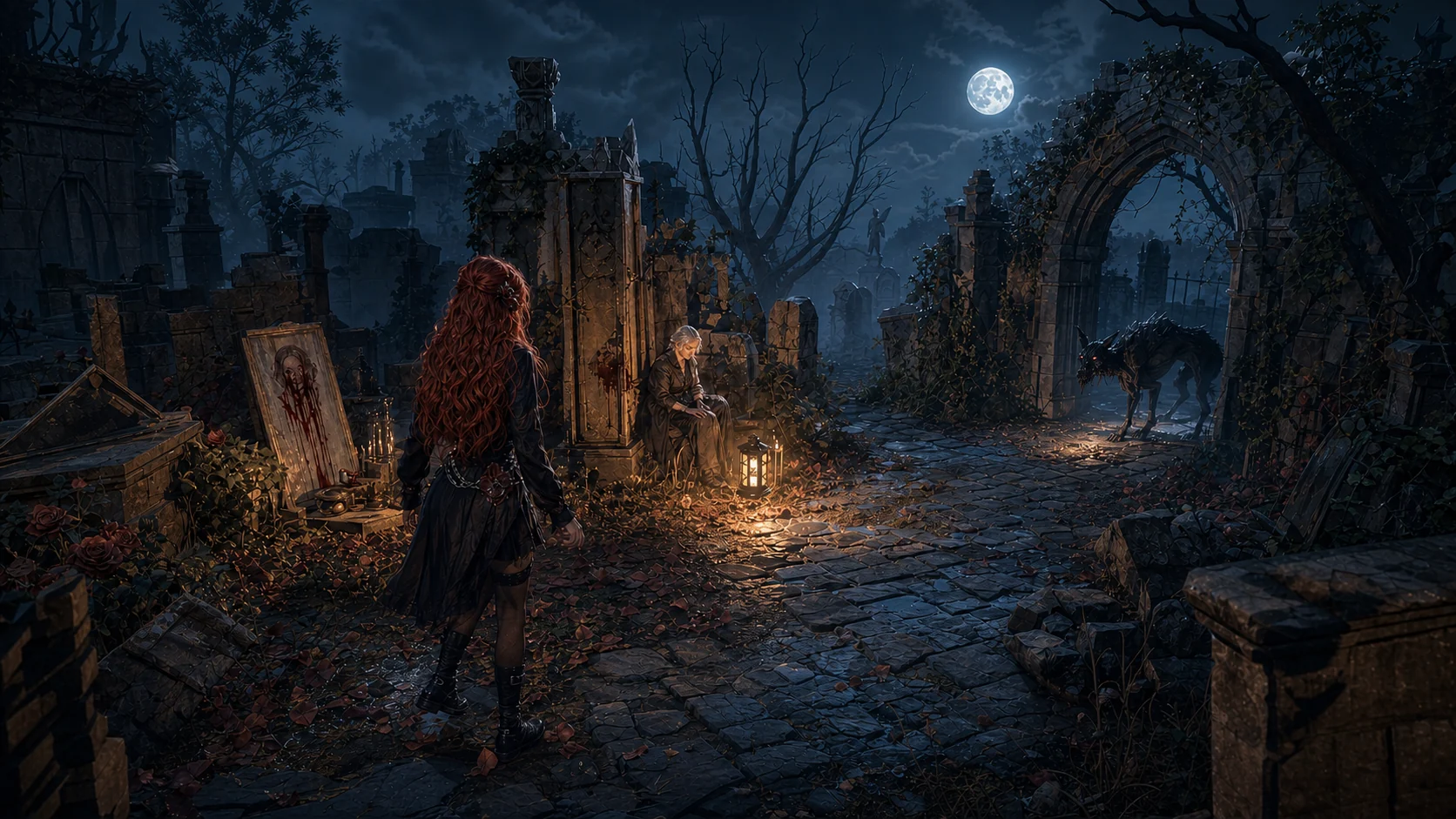 Imagem conceito iluminada de Maeve, uma sobrevivente e um cão amaldiçoado em Dun Caerwyn