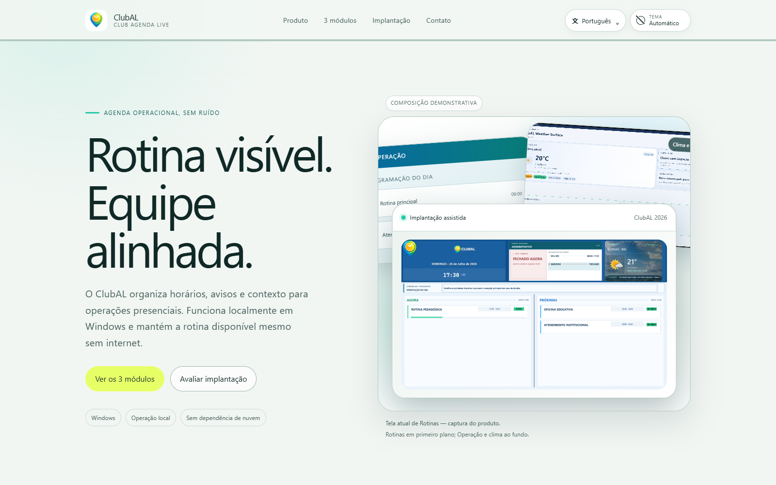 Página inicial publicada do site comercial do ClubAL em tema claro, com proposta, módulos e captura demonstrativa do produto