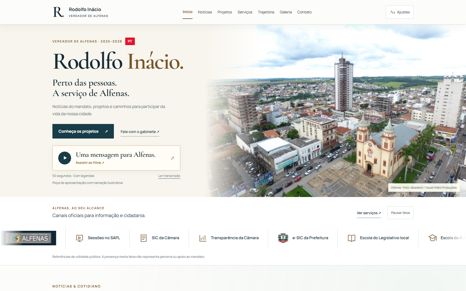 Rodolfo Inácio’s blog homepage with a photograph of Alfenas, an introduction and news